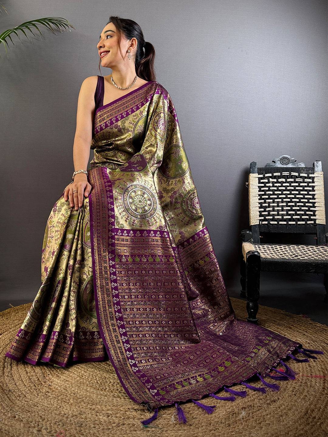 Radiance Warli Gold Zari Dharamavaram Silk Pattu Saree