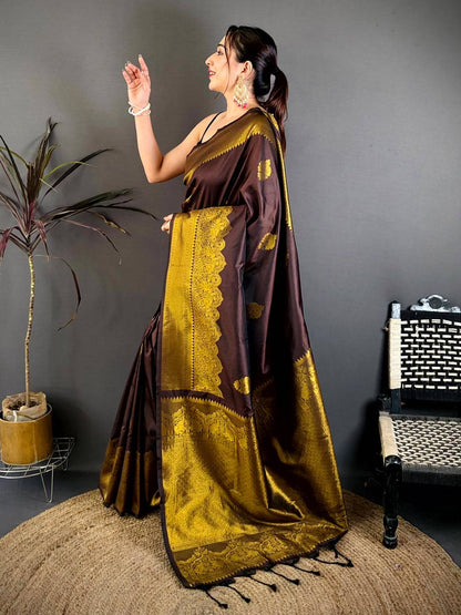 Chocolate Brown Soft Silk Ethnic Motif Pattu Saree