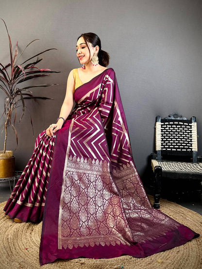 Wine Geometric Zari Weave Banarasi Pattu Saree