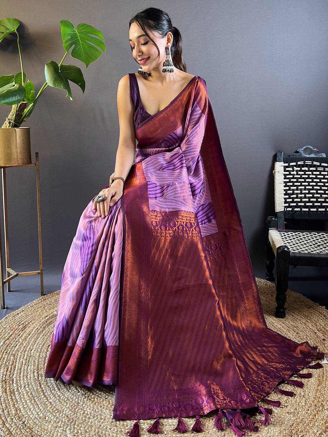 Lavender Tussar Silk Zari Weaving Ikkat Pattu Saree