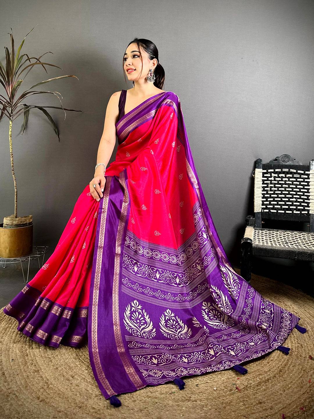 Rani Pink Soft Dola Block Print Pallu Pattu Saree