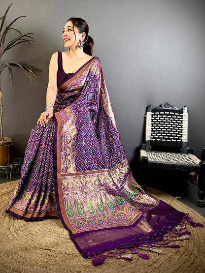 Vibrant Purple Soft Silk Patola Weaving Pattu Saree