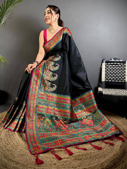 Black Kashmiri Pashmina Semi Silk Pattu Saree