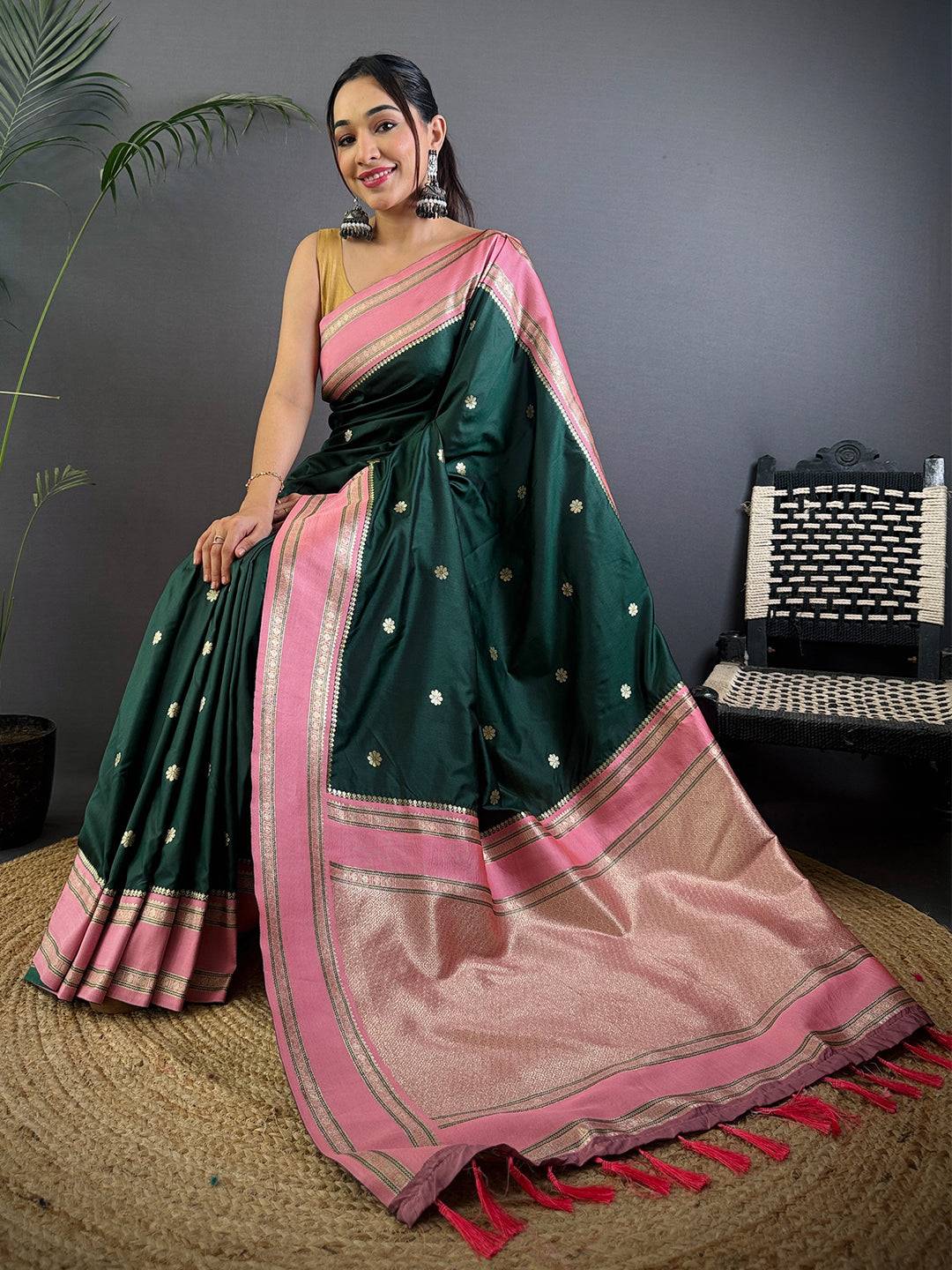 Bottle Green Soft Silk Floral Butta Pattu Saree