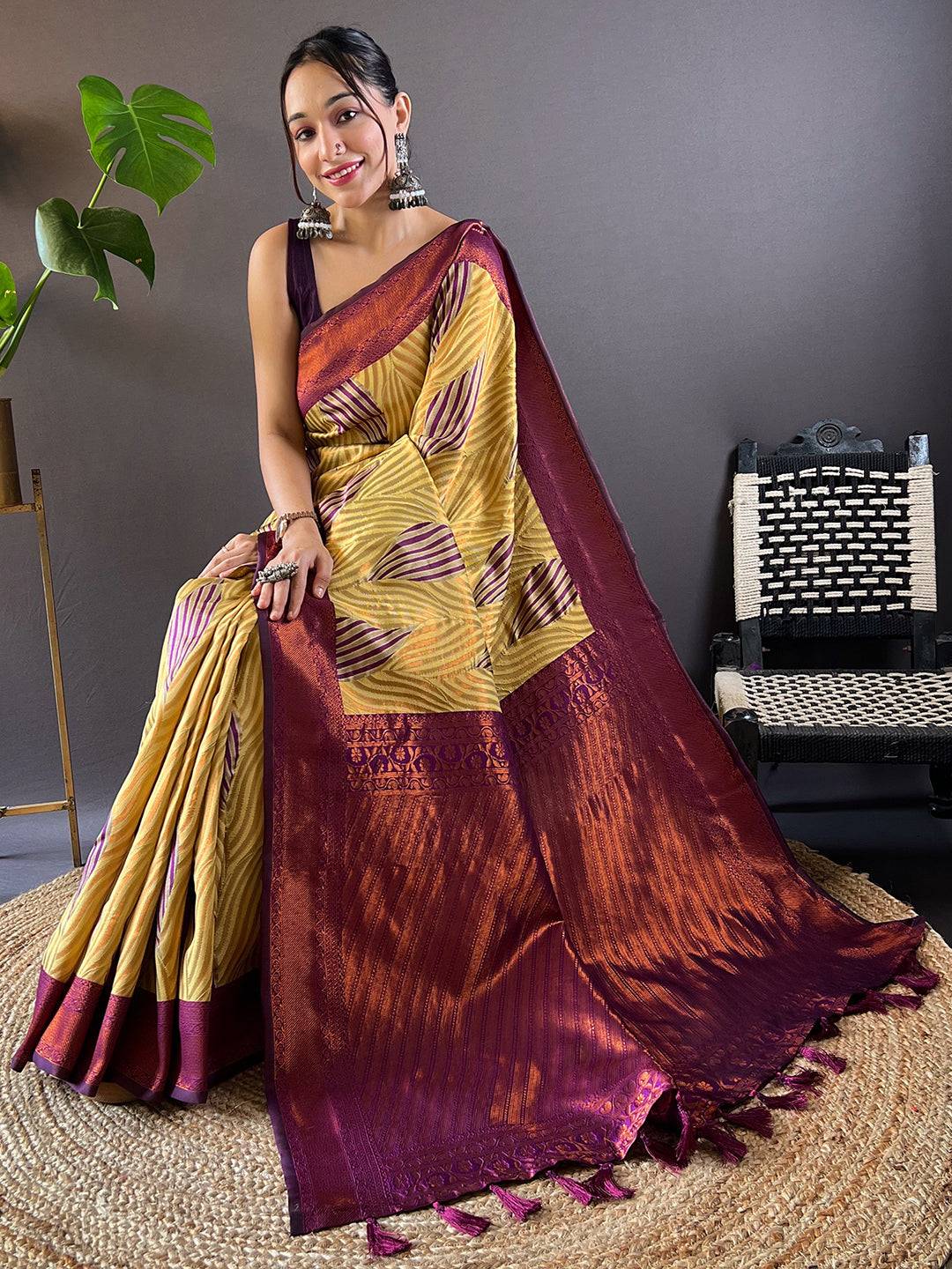 Olive Tussar Silk Zari Weaving Ikkat Pattu Saree