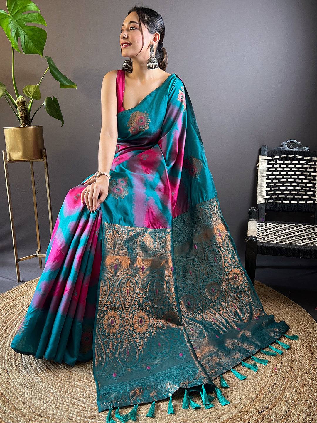 Rani Tussar Silk Ikkat Weaving Pattu Saree
