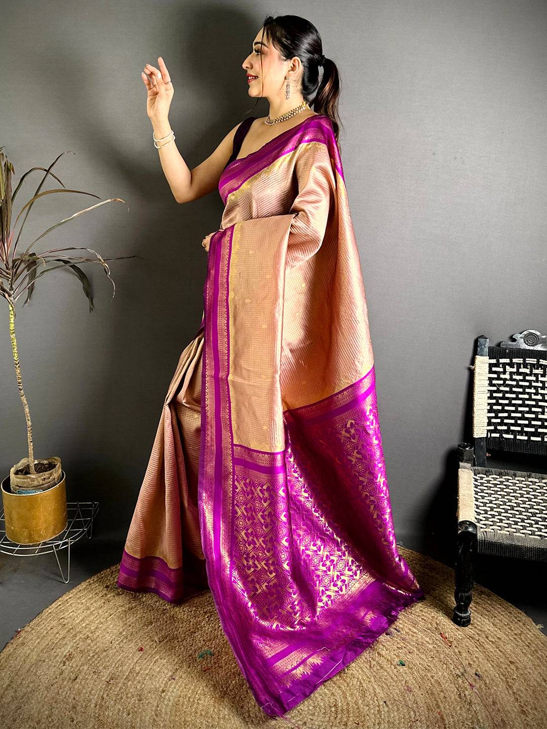 Peach Banarasi Katan Silk Gadwal Zari Pattu Saree