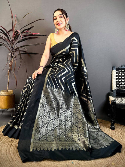 Black Geometric Zari Weave Banarasi Pattu Saree