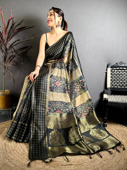 Stylish Black Soft Silk Zari Chex Pattu Saree
