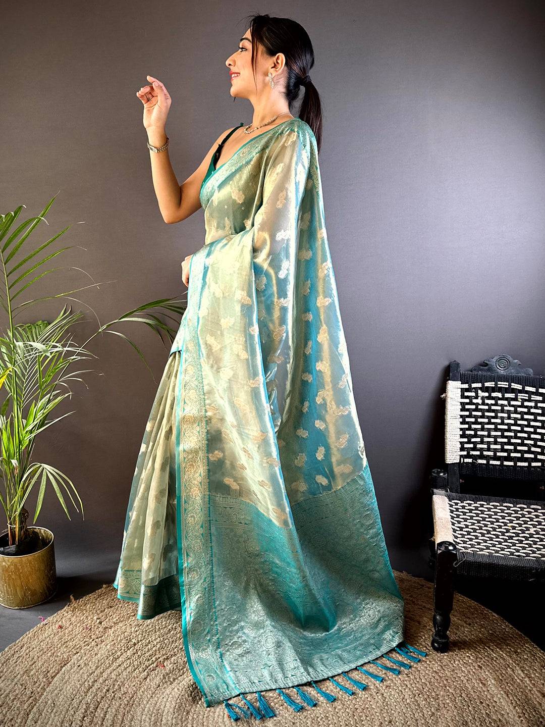 Elegant Teal Kora Tissue Pattu Saree