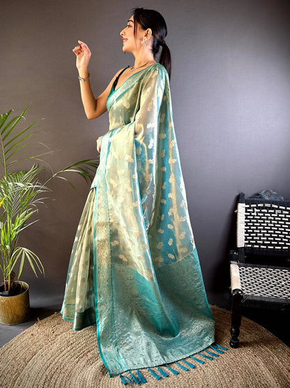 Elegant Teal Kora Tissue Pattu Saree
