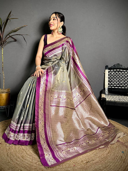 Gold Zari Woven Grey Soft Silk Pattu Saree