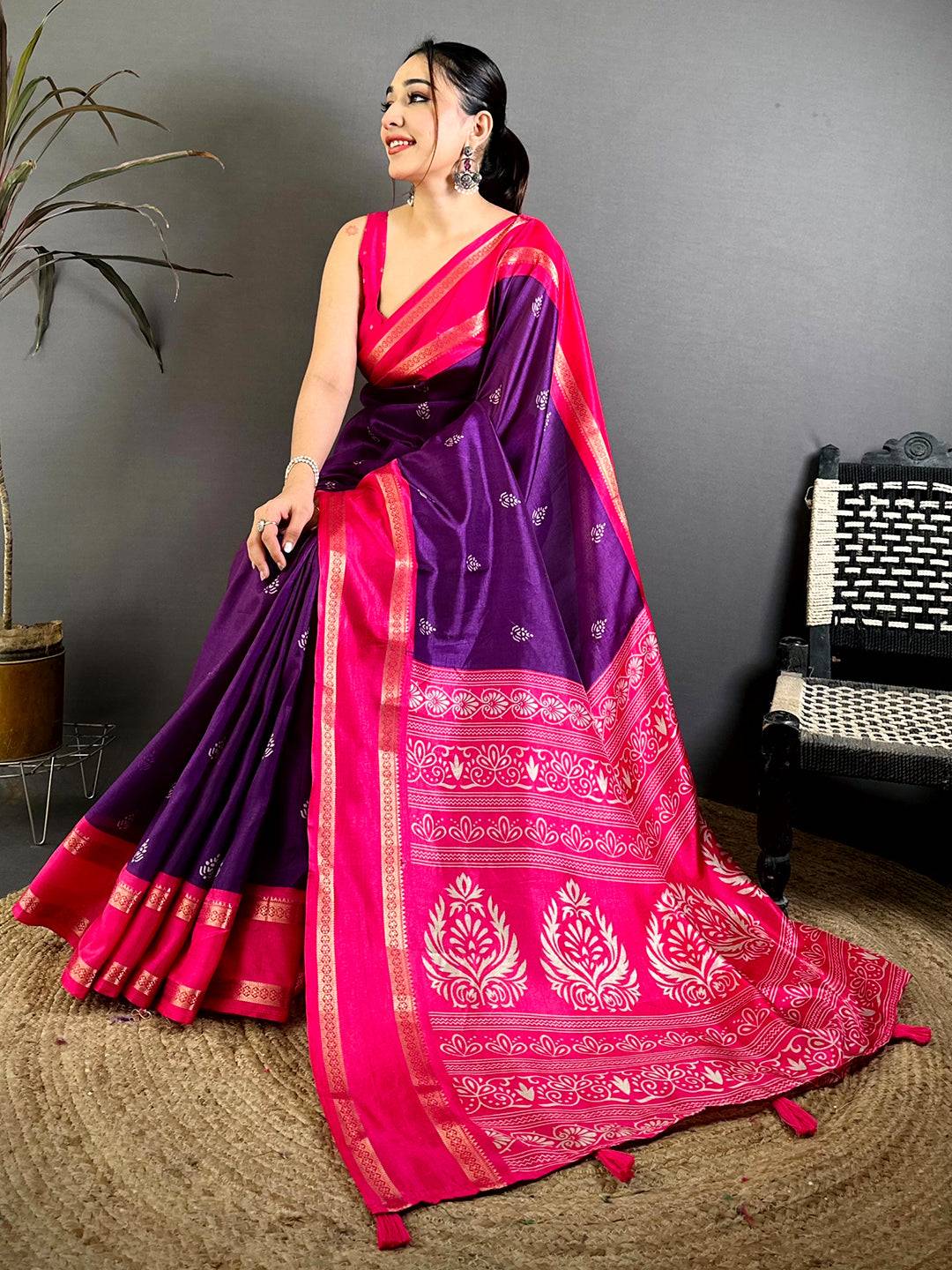 Purple Soft Dola Block Print Pallu Pattu Saree