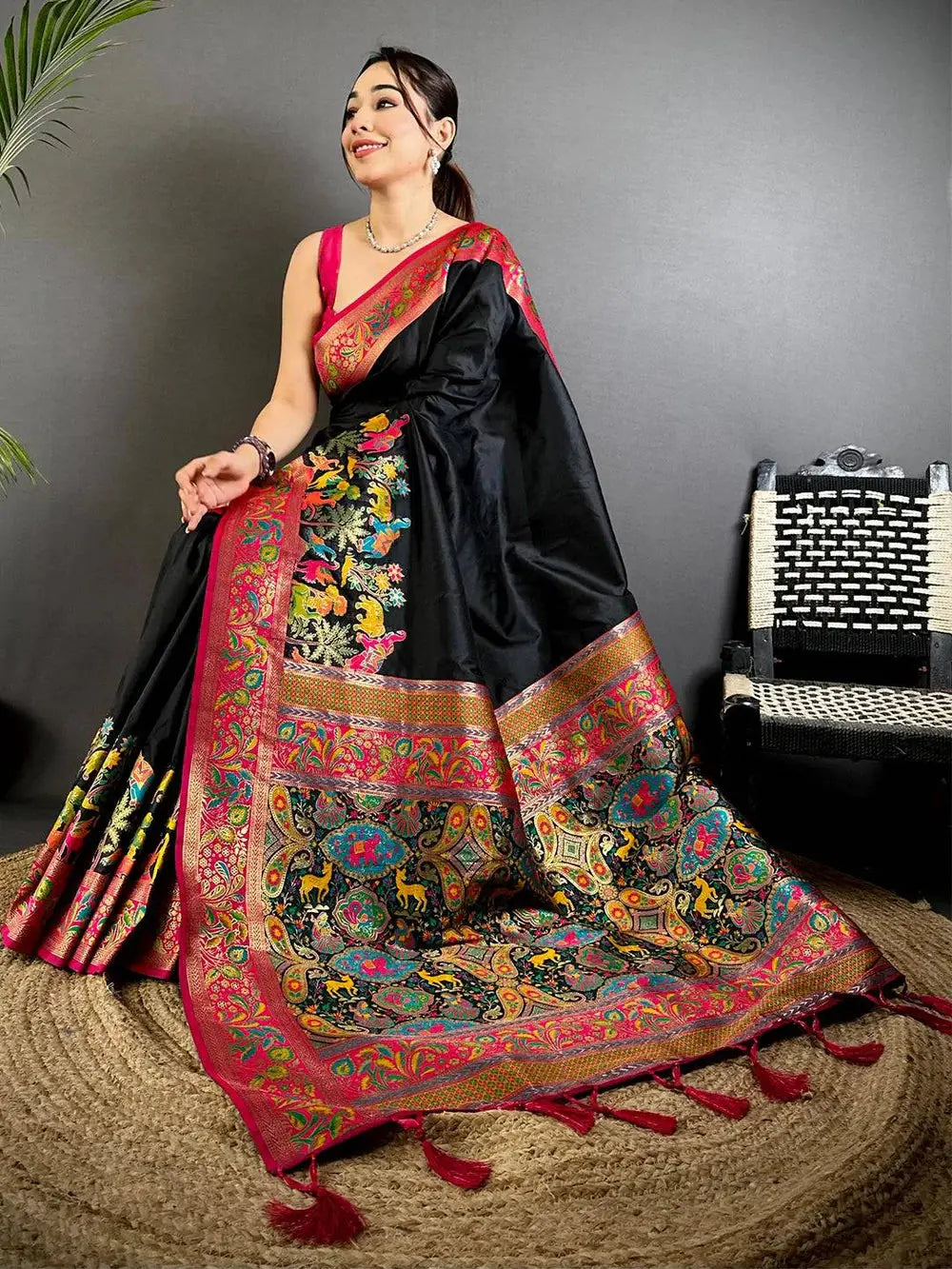 Black Soft Semi Silk Minakari Weave Pattu Saree