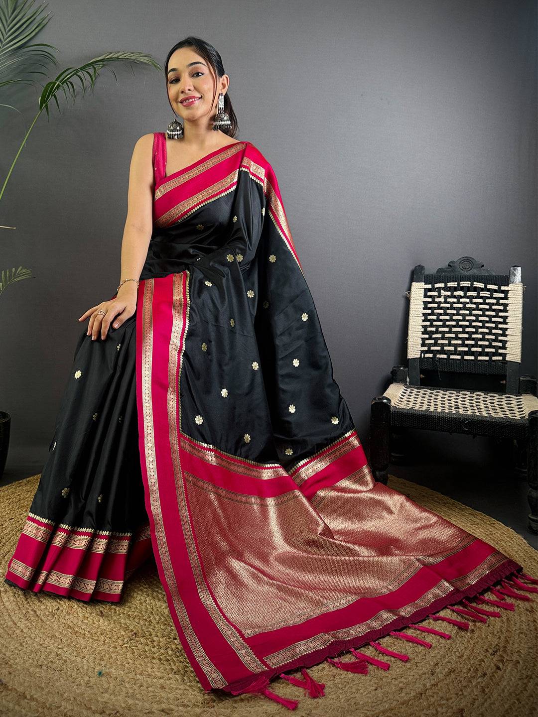 Raven Black Soft Silk Floral Butta Saree