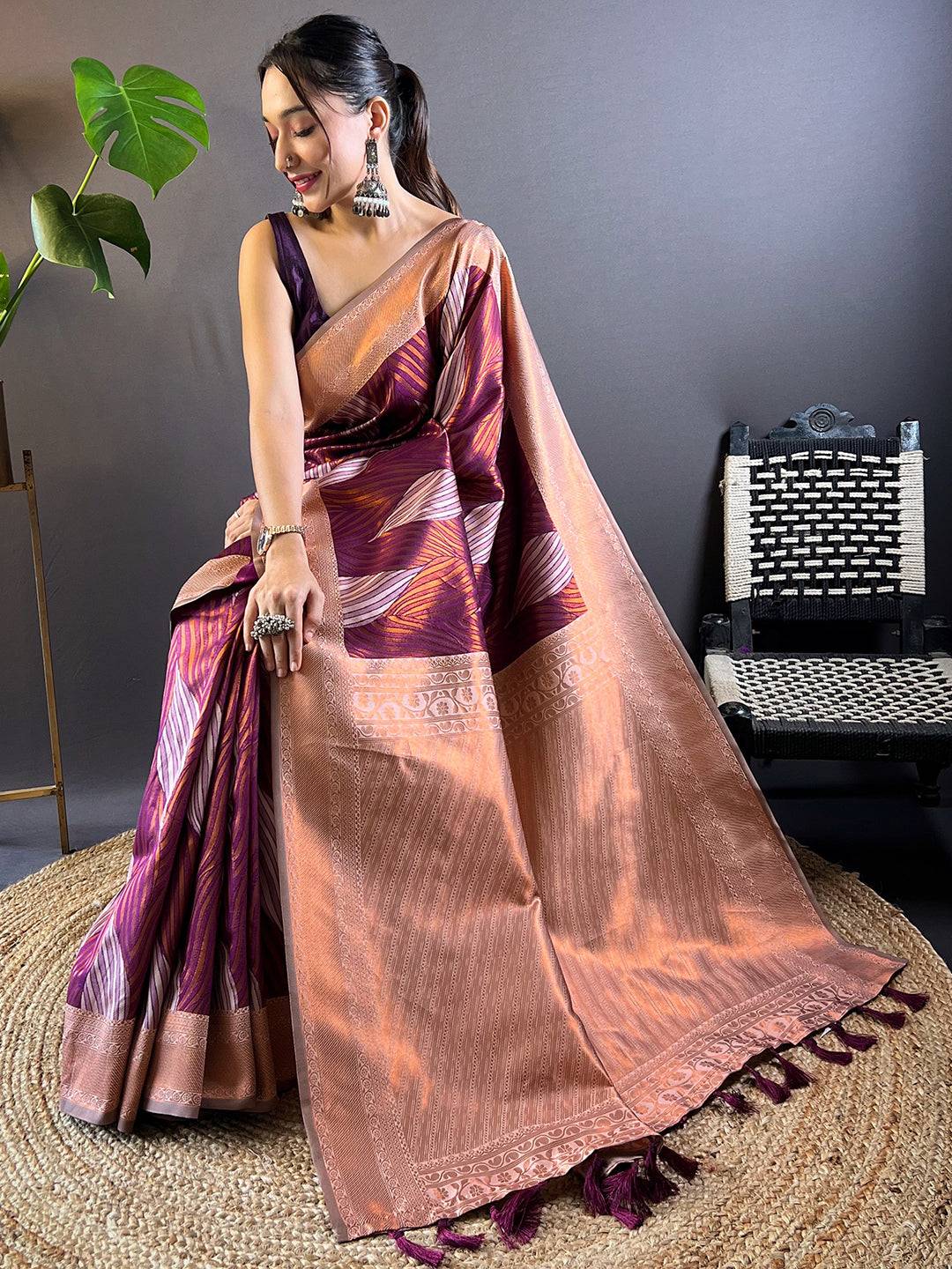 Cherry Tussar Silk Zari Weaving Ikkat Pattu Saree