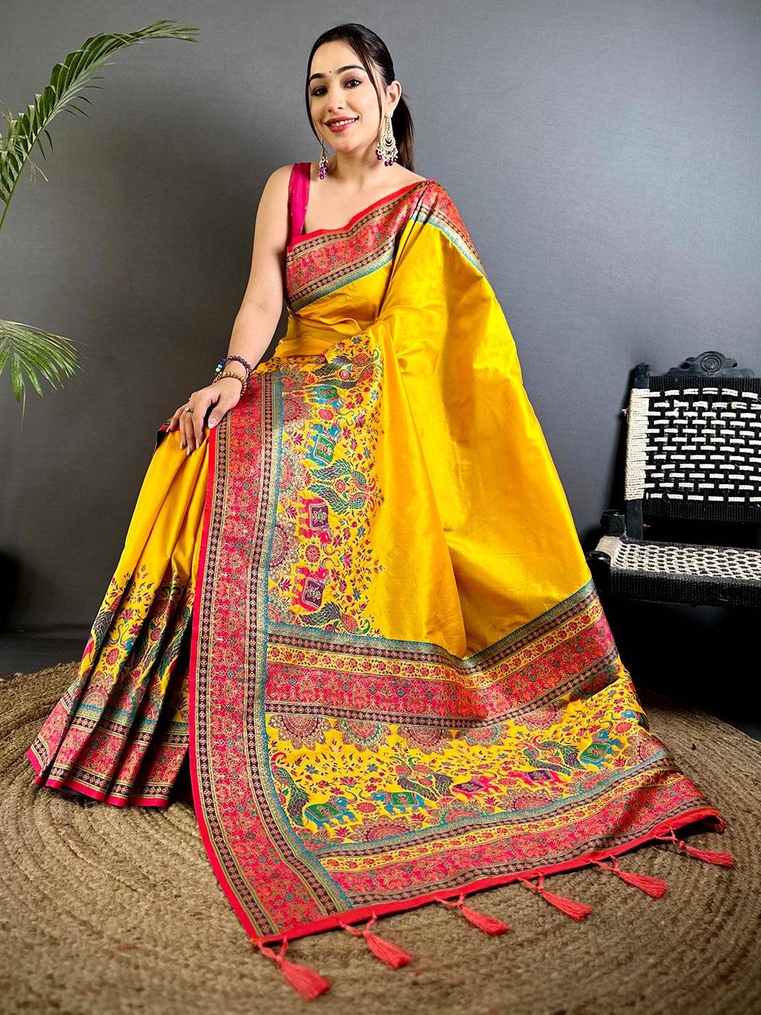 Yellow Kashmiri Art Soft Silk Pattu Saree