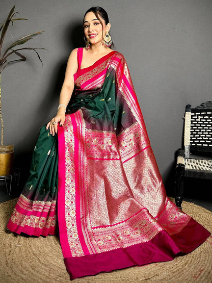 Gold Zari Woven Bottle Green Soft Silk Pattu Saree