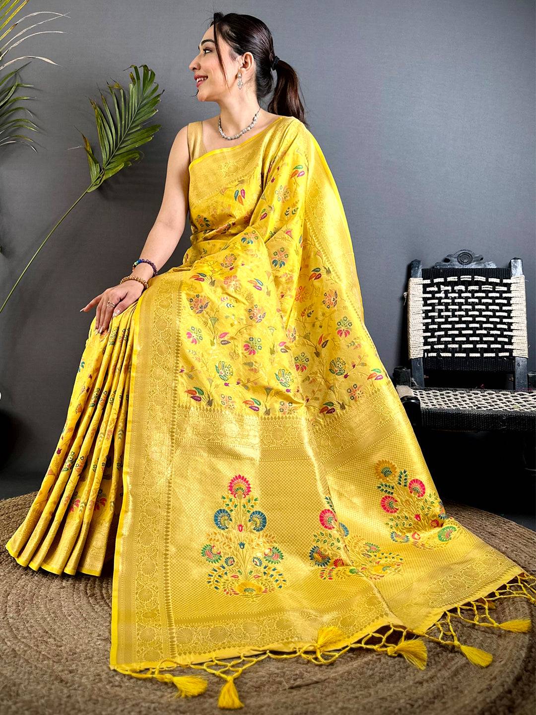 Yellow Banarasi Minakari Floral Silk Pattu Saree

