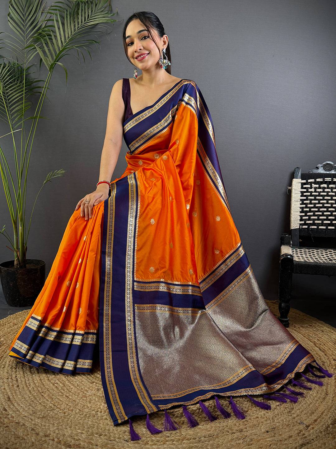 Orange Soft Silk Floral Butta Pattu Saree