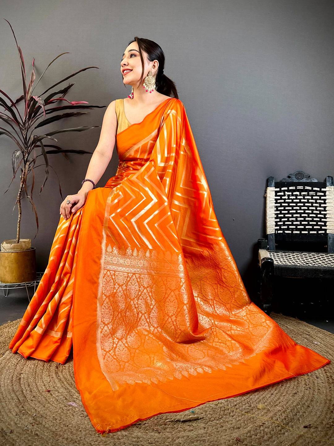 Orange Geometric Zari Weave Banarasi Pattu Saree