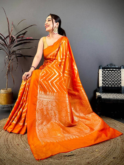 Orange Geometric Zari Weave Banarasi Pattu Saree