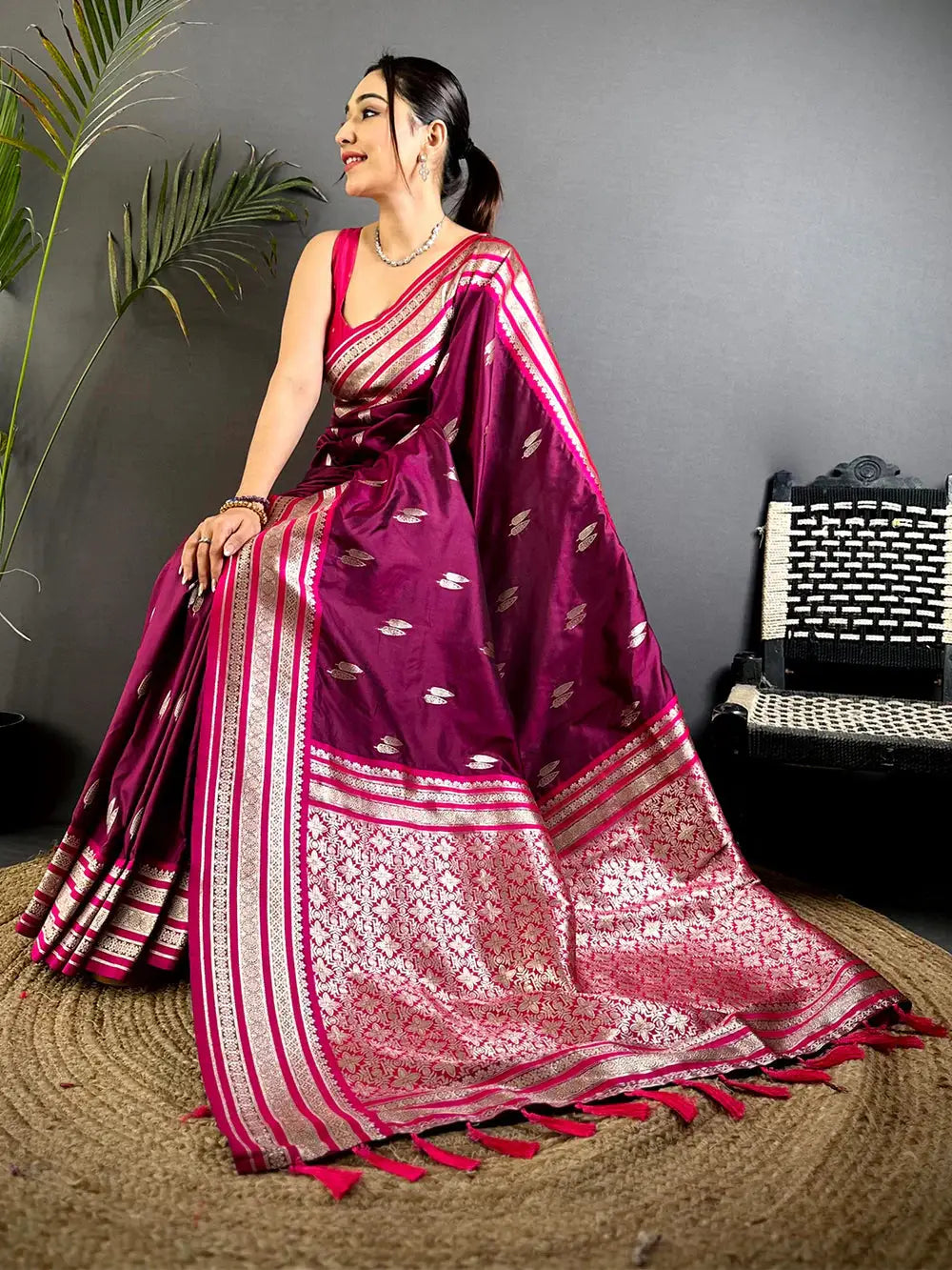 Wine Soft Silk Satin Minakari Border Pattu Saree