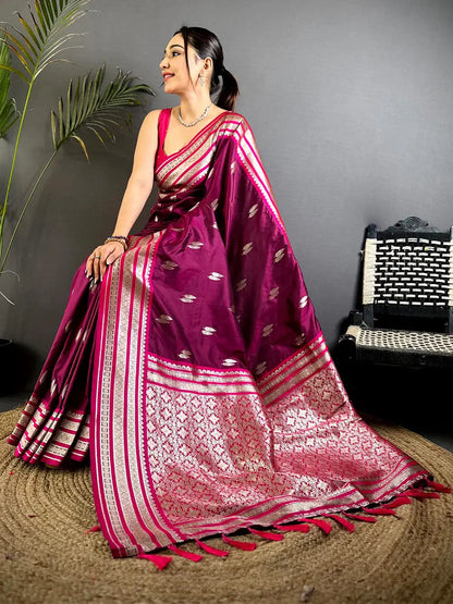Wine Soft Silk Satin Minakari Border Pattu Saree
