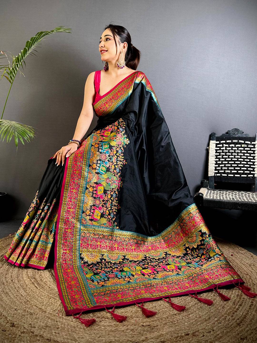 Black Kashmiri Art Soft Silk Pattu Saree
