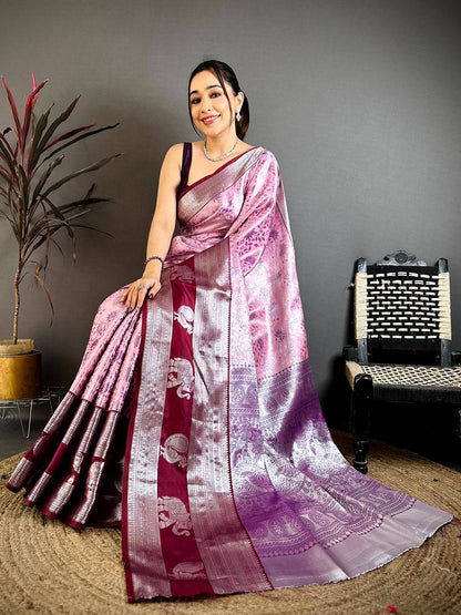 Baby Pink Dharmavaram Double Ikkat Pattu Saree