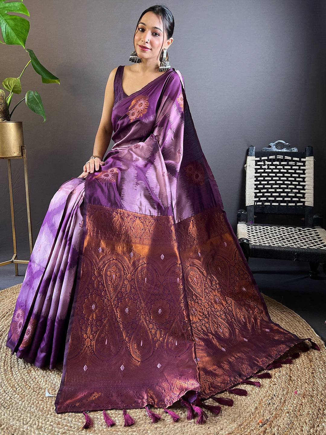 Lavender Tussar Silk Ikkat Weaving Pattu Saree