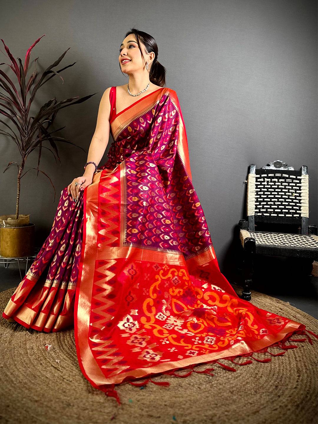 Maroon Double Ikkat Soft Silk Pattu Saree