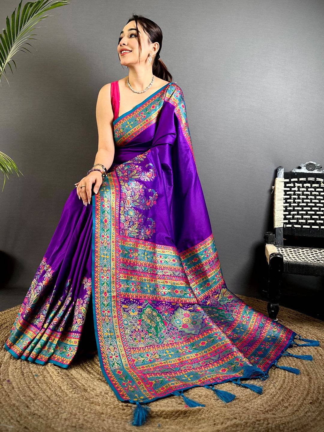 Purple Kashmiri Pashmina Semi Silk Pattu Saree