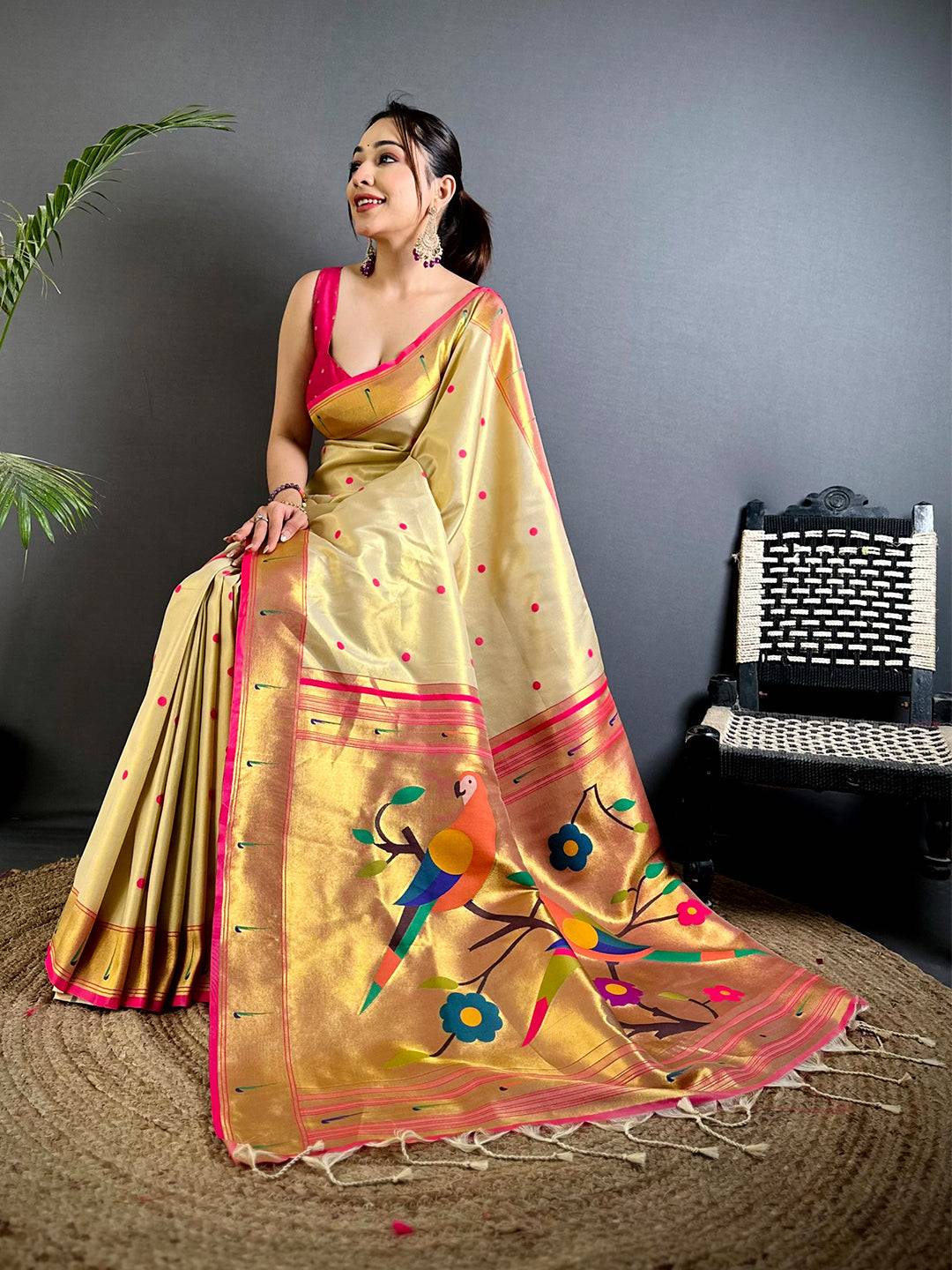 Cream Glass Tissue Yevla Paithani Pattu Saree