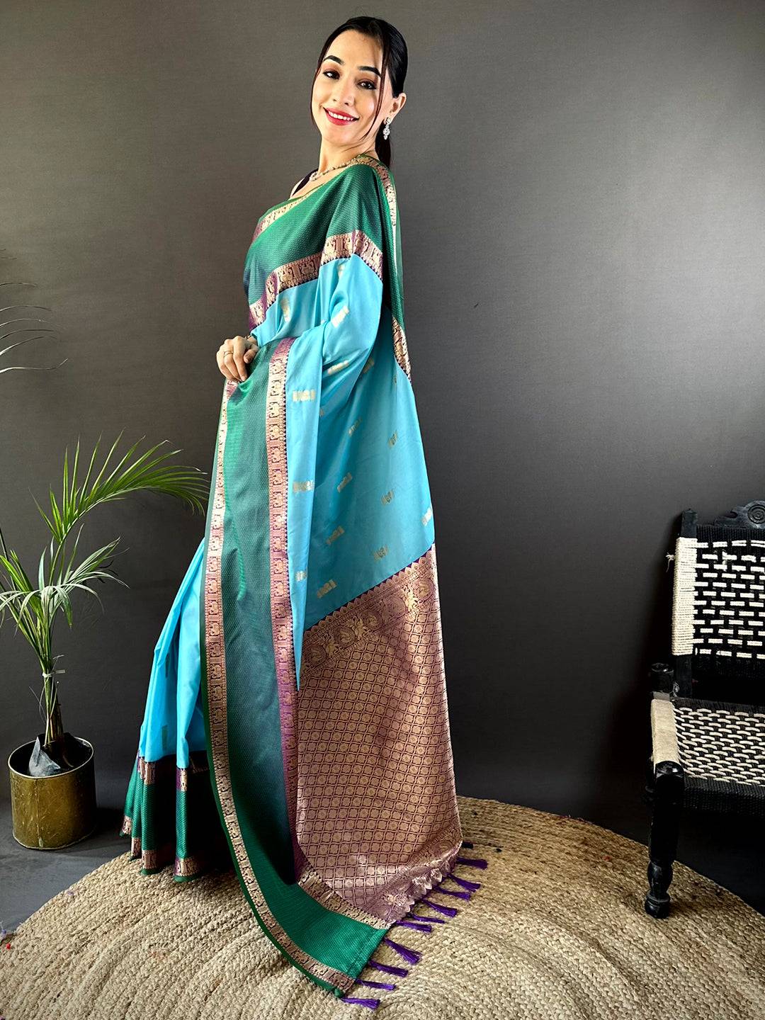 Sky Blue Gadhwal Pure Soft Silk Pattu Saree