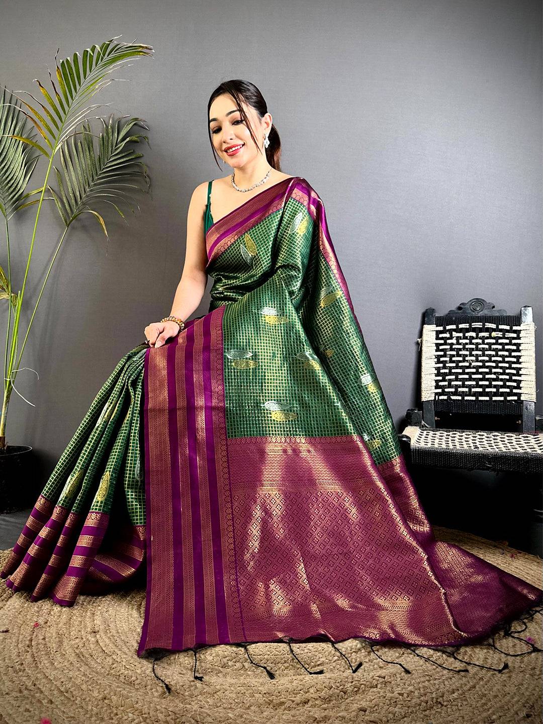 Green Golden Chex Katan Silk Pattu Saree