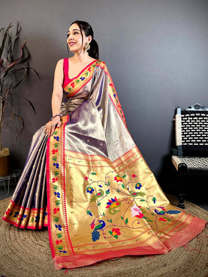 Royal Peach Zari Tissue Paithani Style Pattu Saree