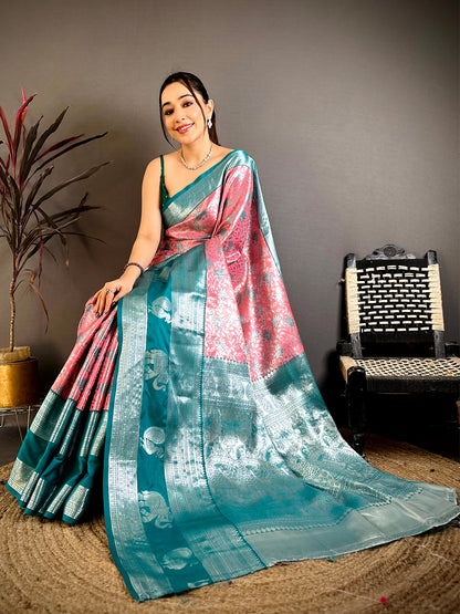 Pink Dharmavaram Double Ikkat Pattu Saree