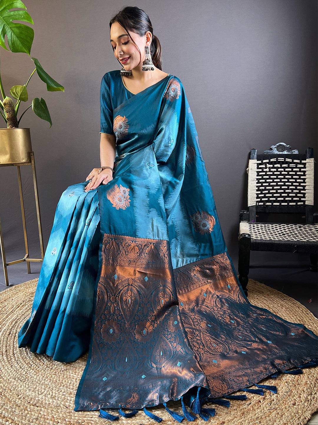 Blue Tussar Silk Ikkat Weaving Pattu Saree