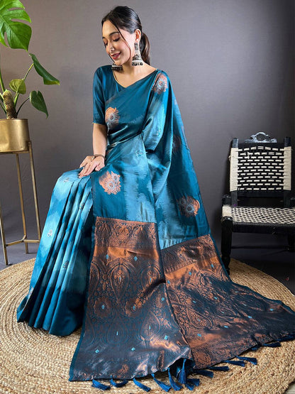 Blue Tussar Silk Ikkat Weaving Pattu Saree