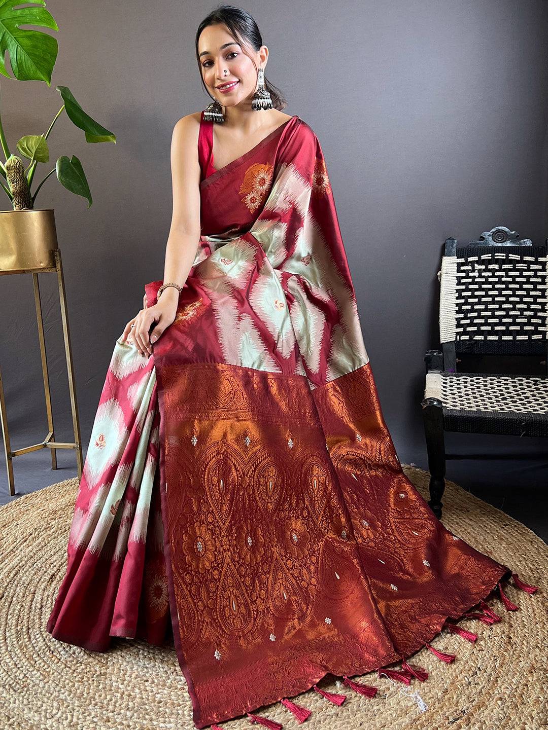 Maroon Tussar Silk Ikkat Weaving Pattu Saree