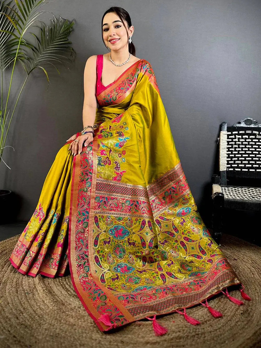 Green Soft Semi Silk Minakari Weave Pattu Saree