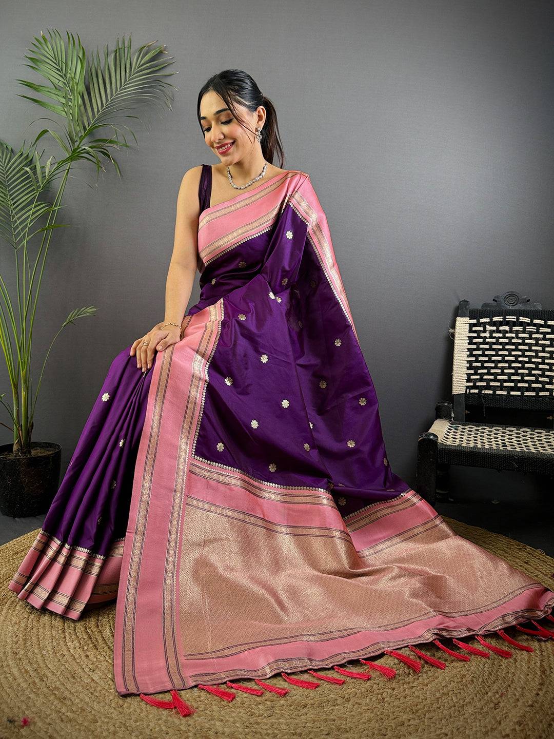 Vibrant Wine Soft Silk Floral Butta Pattu Saree
