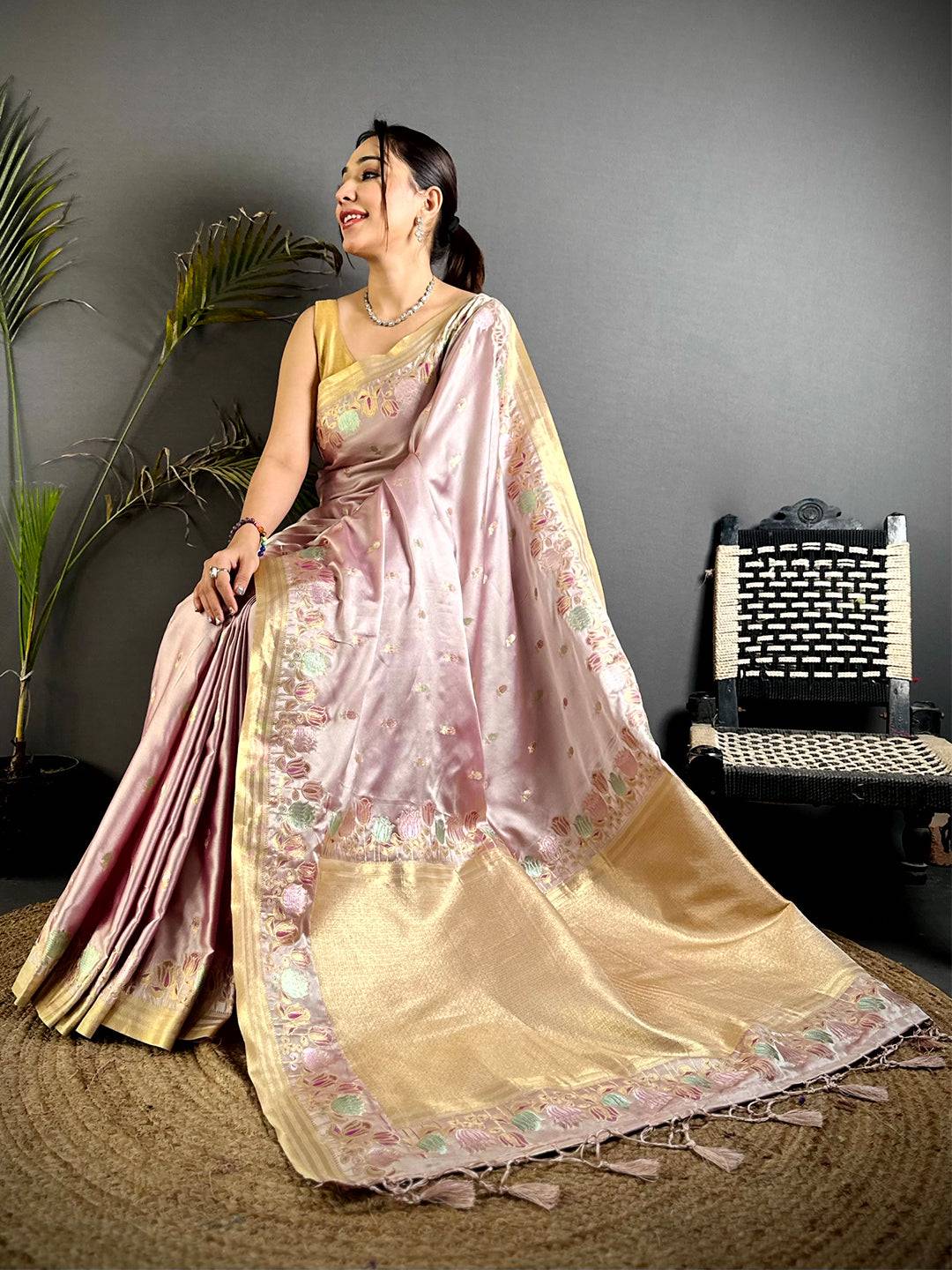 Blush Pink Satin Silk Zari Weave Pattu Saree