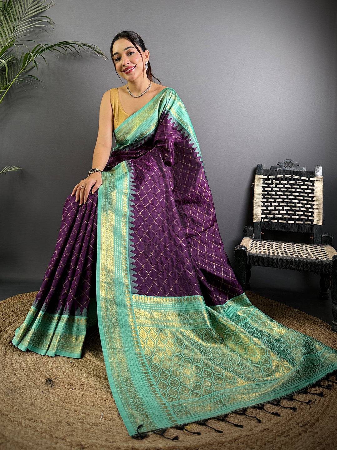 Wine Gold Zari Chex Soft Silk Pattu Saree