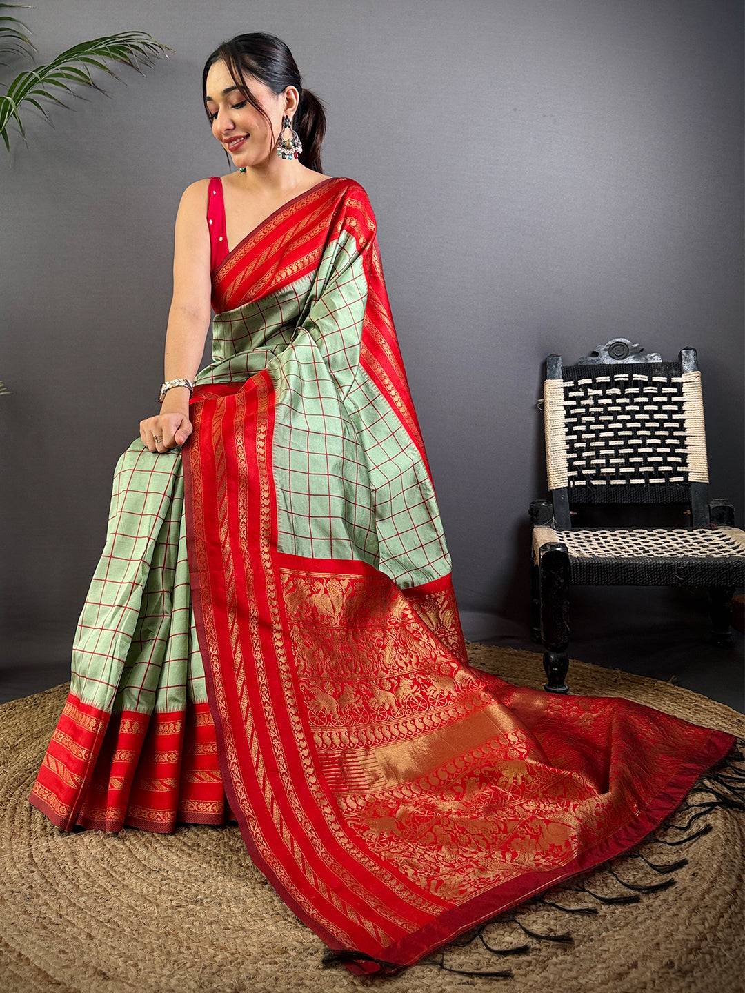 Red Royale Chex Soft Katan Silk Pattu Saree