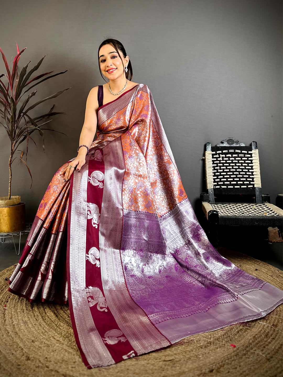 Orange Dharmavaram Double Ikkat Pattu Saree