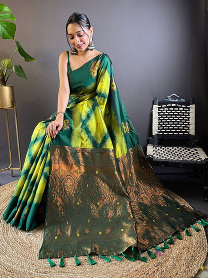 Green Tussar Silk Ikkat Weaving Pattu Saree