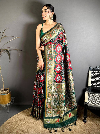 Green Patola Weave Soft Semi Silk Pattu Saree