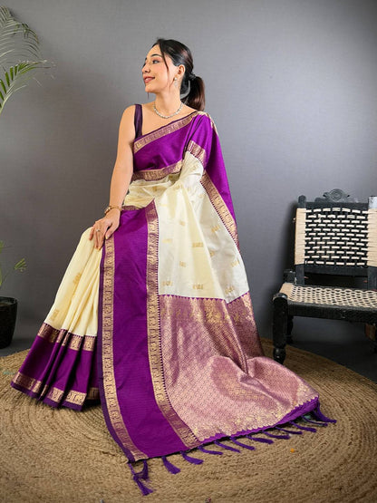 White Gadhwal Pure Soft Silk Pattu Saree